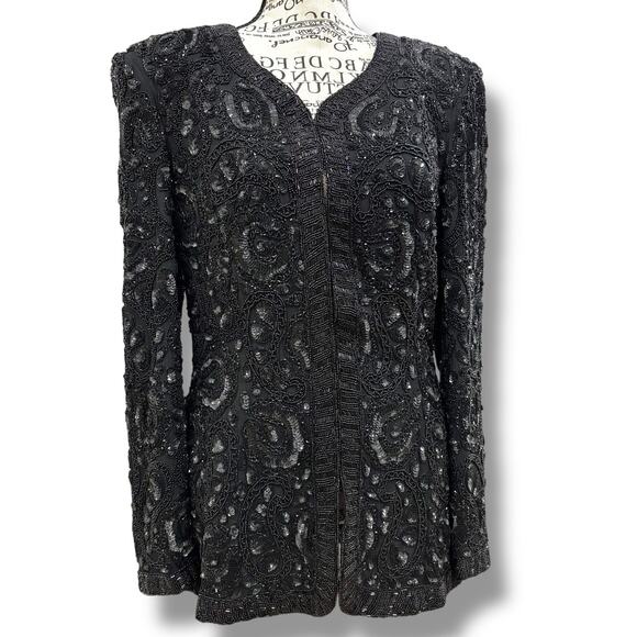 Vintage Women’s Size M Black 100% Silk Beaded Paisley Design Evening Jacket - Picture 1 of 7